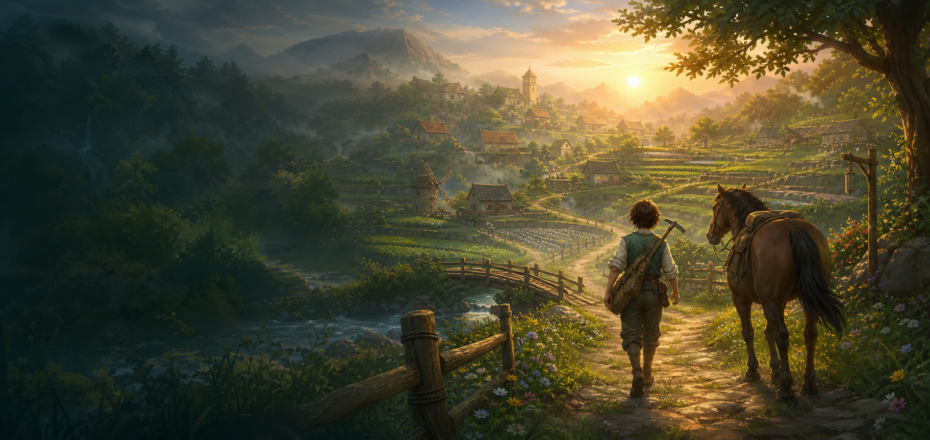 Original fan art of a misty farming valley and village at sunrise